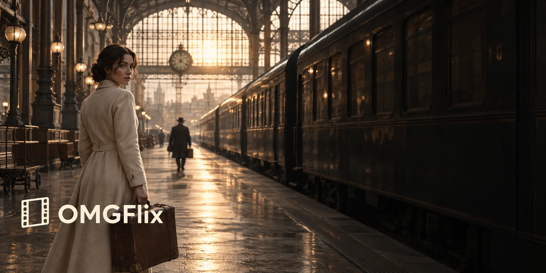 OMGFlix filmstrip wordmark over an original golden-hour railway-station scene